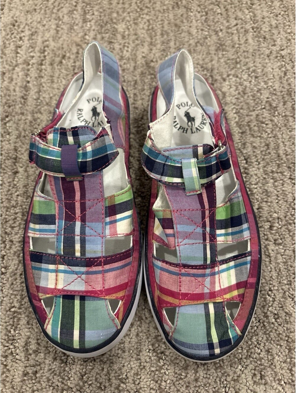 Polo Ralph Lauren Girls Madras Plaid Fisherman Pony Sandals Size 13 New